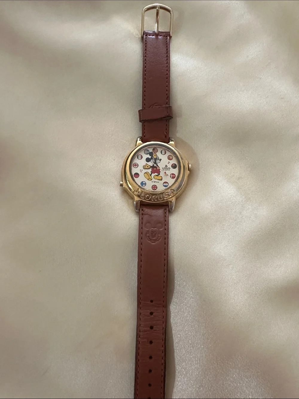 Disney Gold-Tone Mickey Mouse Watch with Brown Strap